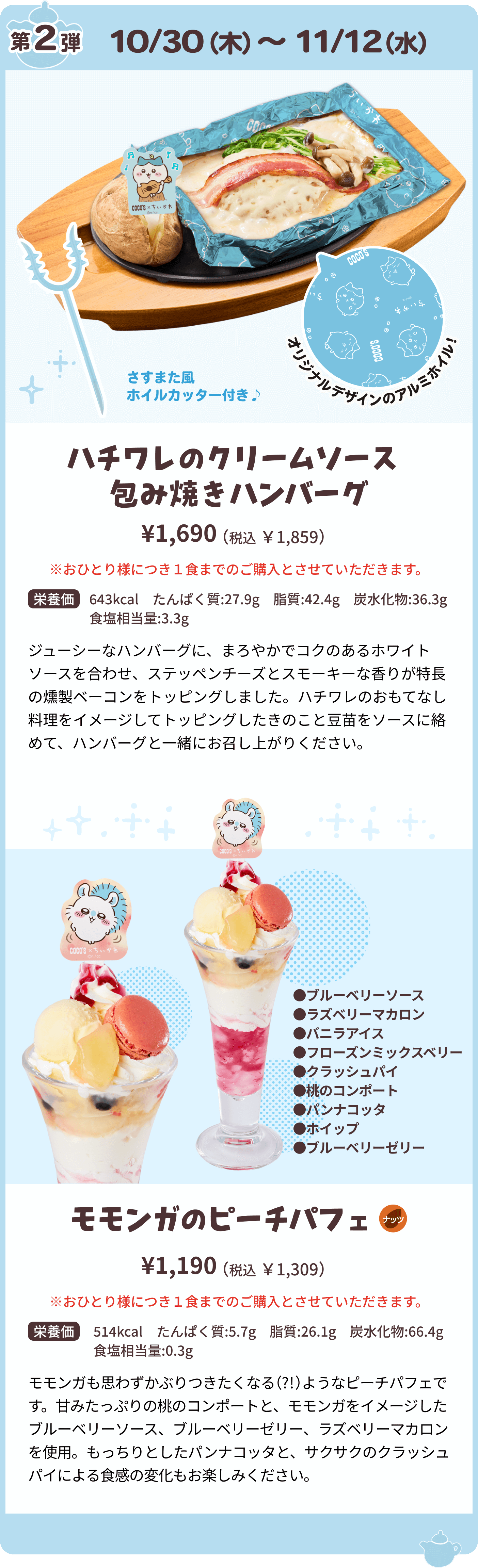 [第2弾]ハチワレのクリームソース 包み焼きハンバーグ / モモンガのピーチパフェ